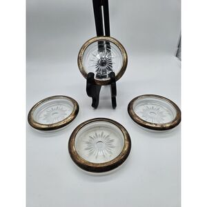 Vintage Leonard Silver Plated Starburst Glass Coaster Set Made in Italy Set of 4